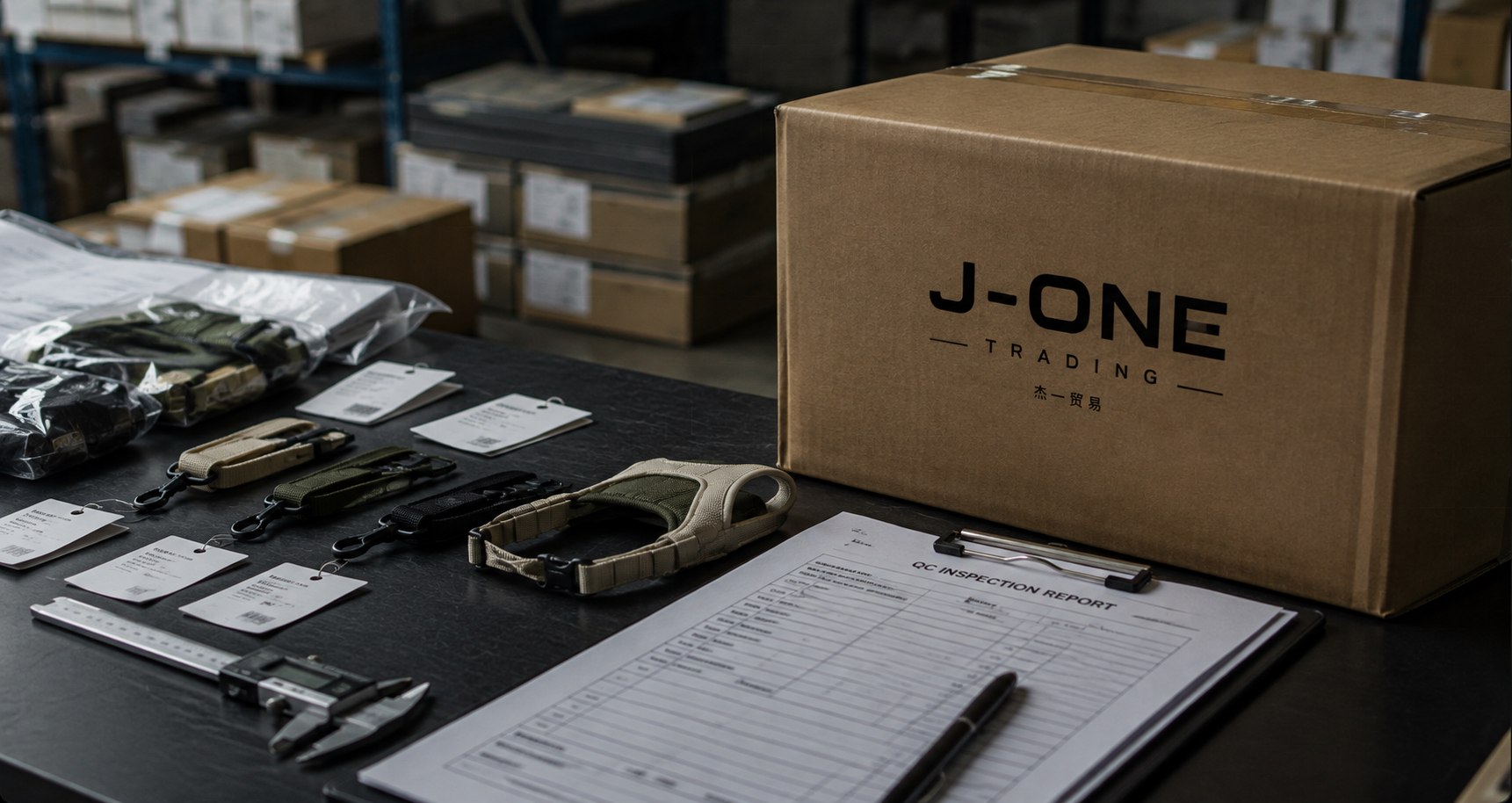Sample tags, calipers and a QC inspection report beside a J-ONE TRADING export carton