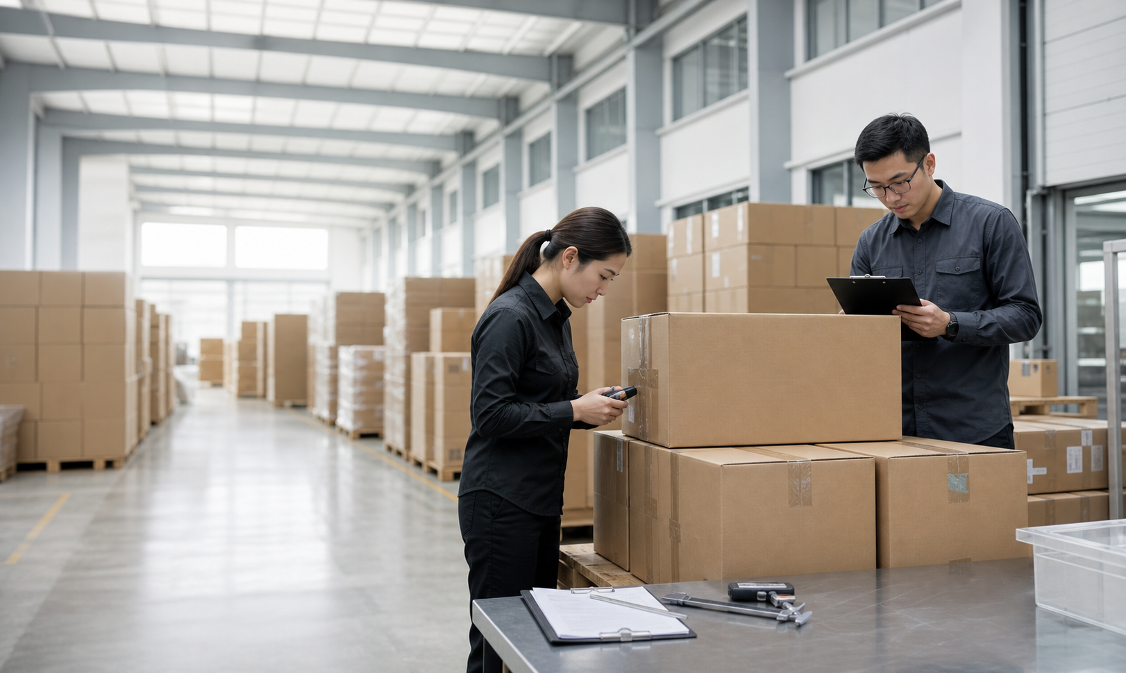 Warehouse team checking neutral export cartons before shipment